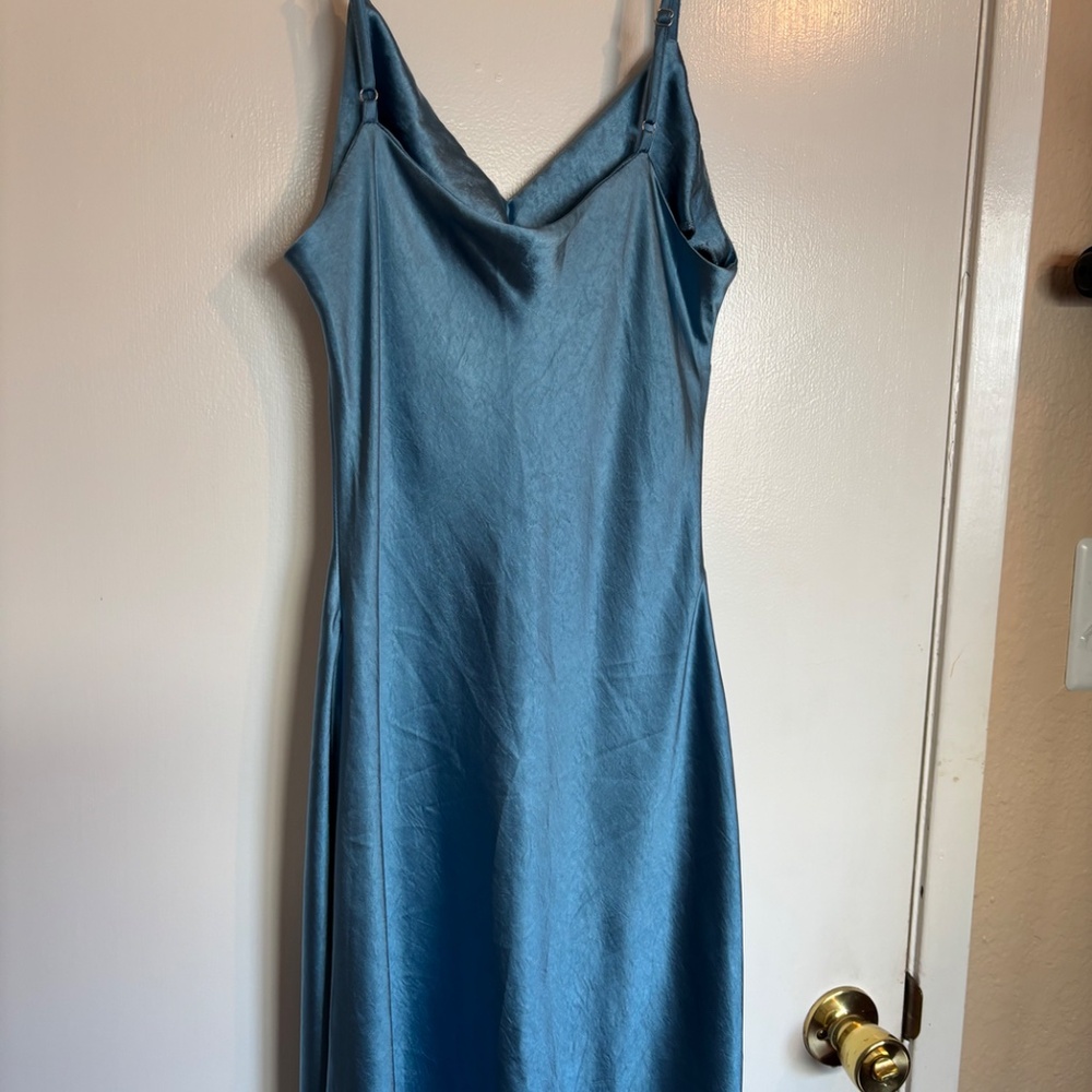 Blue Satin Midi Dress Slip Dress Sleeveless Elegant Wedding Guest Evening - Picture 5 of 6